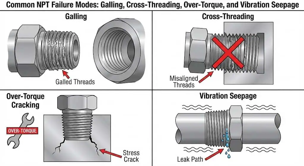 Engineering illustration showing common NPT fitting failure modes including stainless thread galling, cross-thread damage, over-torque cracking, and vibration-induced seepage