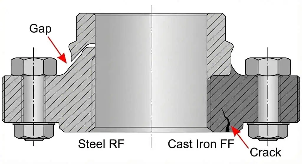 Dissimilar flange facing failure mode: cast iron fracture risk Failure mode diagram: cast iron flange cracking risk when a steel RF flange is bolted to a cast iron FF flange without mitigation