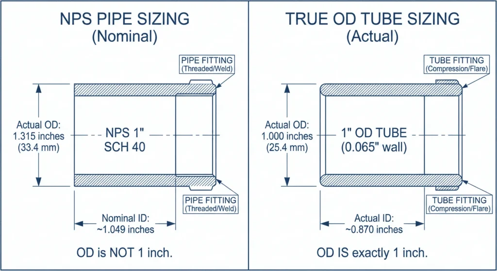 Comparación de ingeniería: Dimensionamiento de tubería NPS frente a dimensionamiento de tubo con OD real para accesorios de acero inoxidable