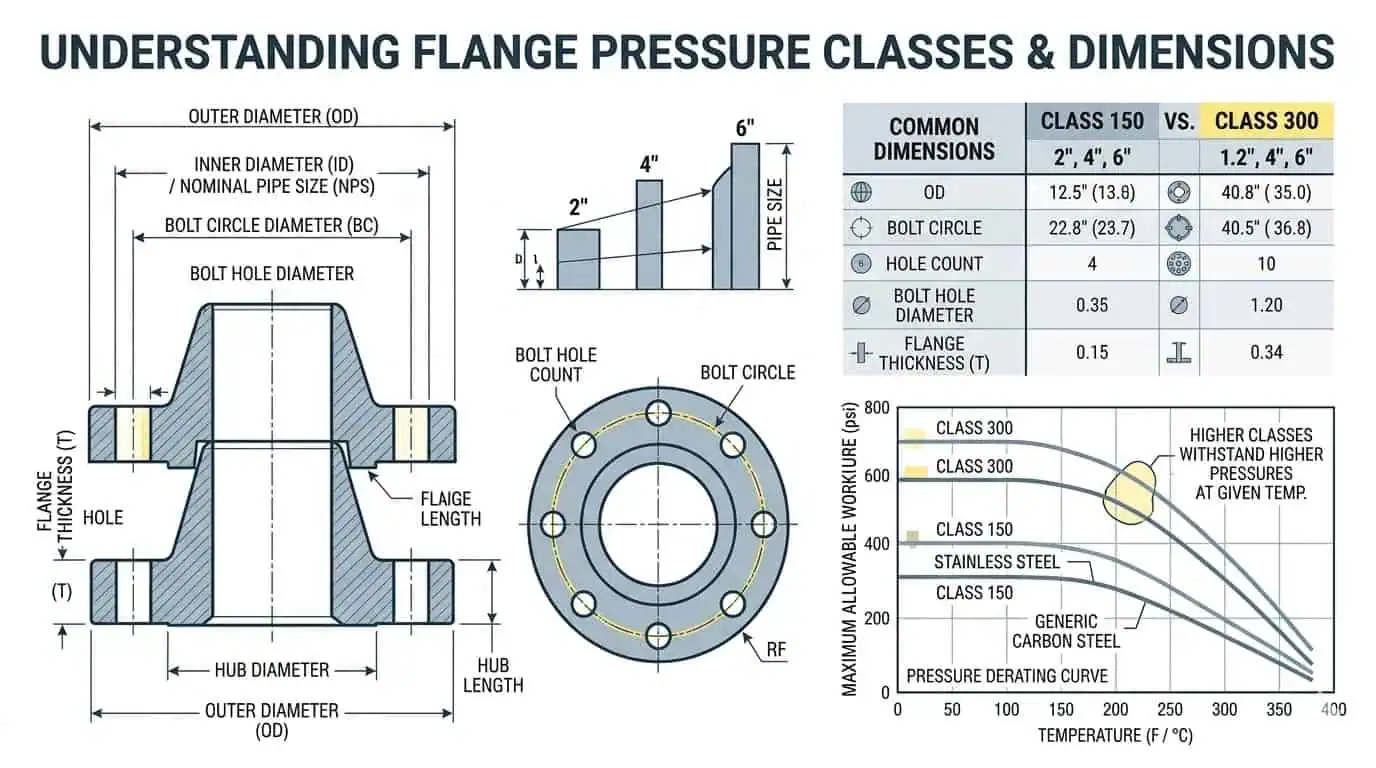 Dimensioni della Flangia e Basi della Classe di Pressione Diagramma tecnico che mostra le dimensioni chiave della flangia, cerchio dei bulloni, spessore, foro e concetti di classe di pressione per la selezione della flangia