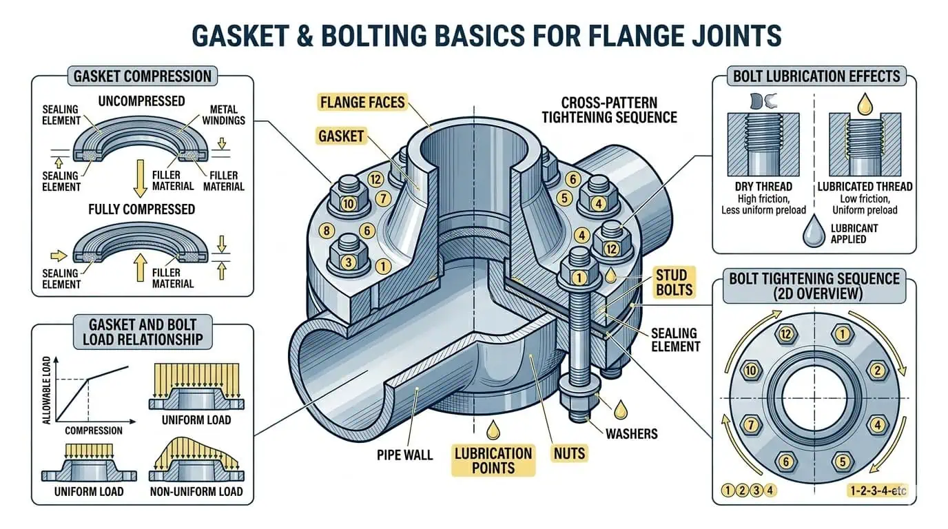 Basi della Guarnizione e del Serraggio della Flangia per una Tenuta Affidabile Diagramma ingegneristico dei tipi di guarnizione della flangia, bulloni prigionieri e sequenza di serraggio a croce per l'assemblaggio del giunto flangiato imbullonato