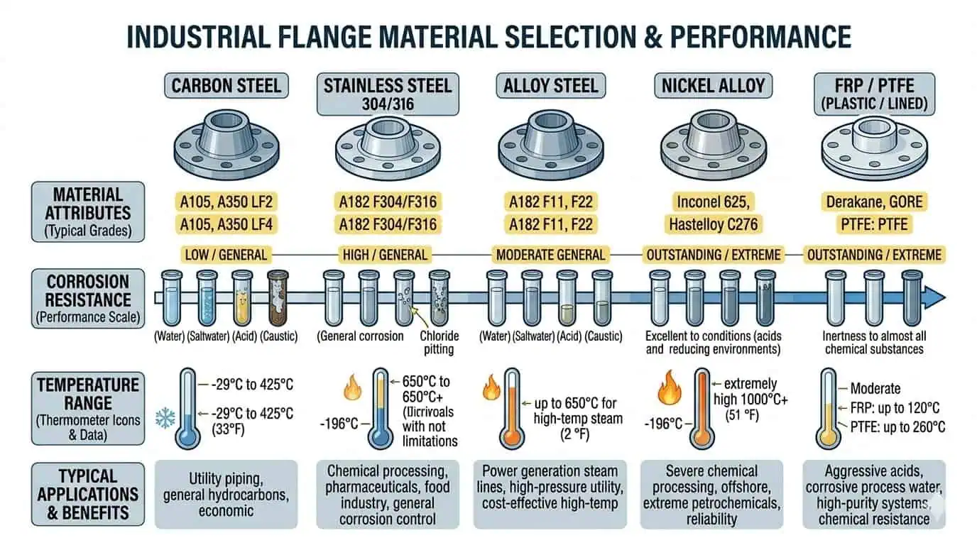 Selezione del Materiale della Flangia per Servizi di Corrosione, Temperatura e Pressione Grafico di selezione del materiale della flangia che confronta acciaio al carbonio, acciaio inossidabile, acciaio legato, lega di nichel e materiali compositi per servizio industriale