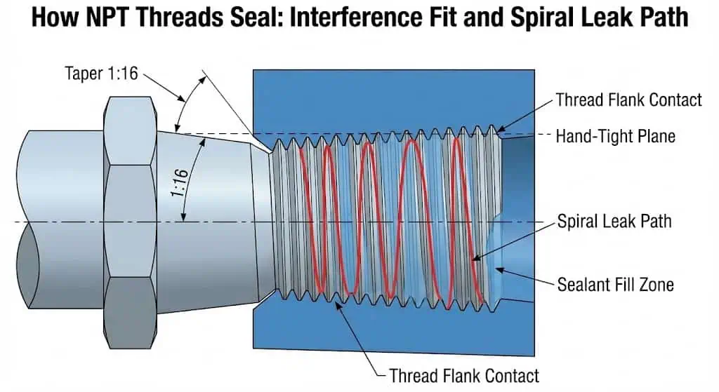 Cross-section diagram showing NPT tapered thread interference fit, contact flanks, and spiral leak path filled by sealant