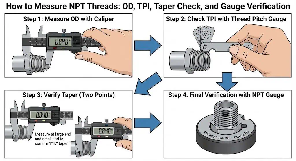 Step-by-step measuring workflow for NPT threads using caliper, thread pitch gauge, taper check, and NPT gauge for verification
