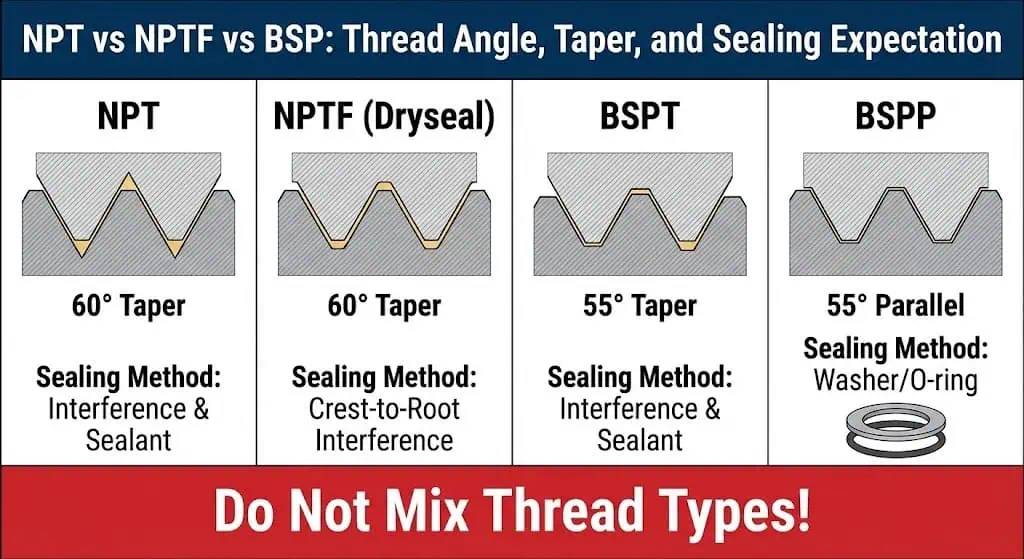 Side-by-side thread profile comparison of NPT, NPTF dryseal, BSPT, and BSPP showing taper/parallel design and sealing method