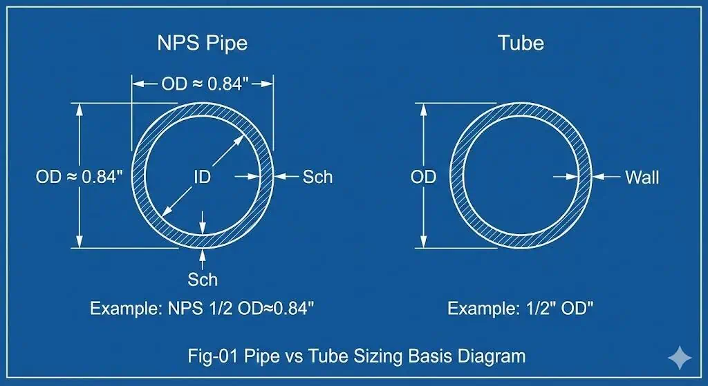 stainless steel pipe fittings vs tube fittings sizing: NPS schedule vs true OD wall