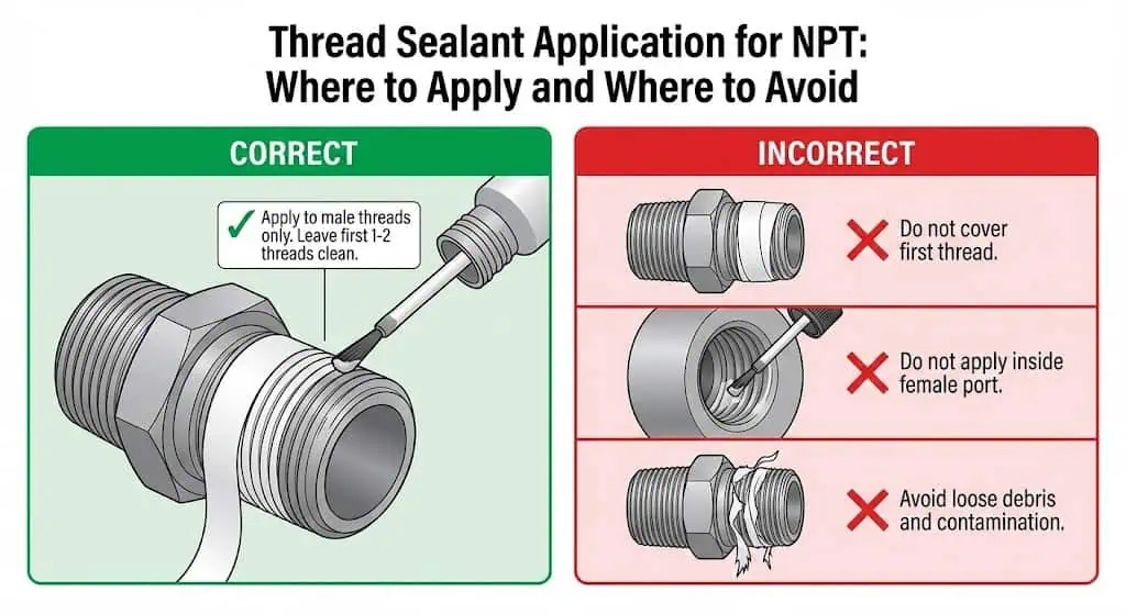 Illustration showing correct NPT sealant application on male threads, keeping the first threads clean, and common mistakes that cause leaks or contamination