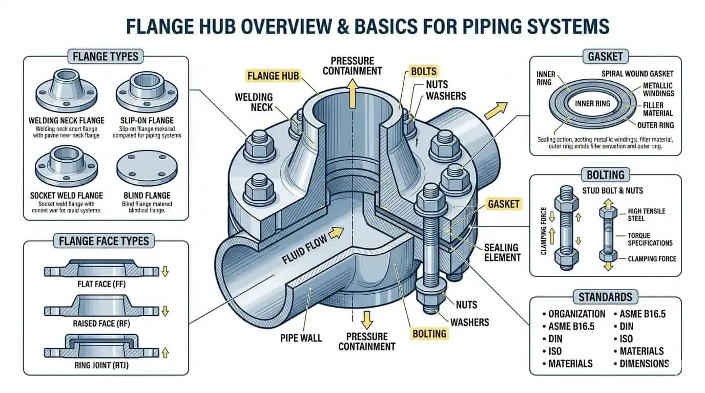 Cos'è una Flangia? Tipi, Facce, Materiali e Guida alla Selezione Panoramica delle basi delle flange che mostra i tipi di flangia, i tipi di faccia, i materiali e la logica di selezione per i sistemi di tubazioni industriali