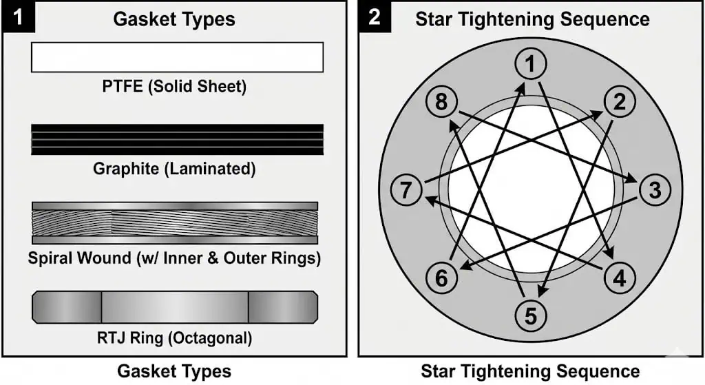 Flange gasket selection: PTFE, graphite sheet, spiral wound, and RTJ ring gaskets