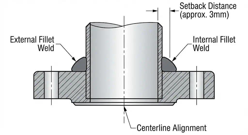 Slip-on flange installation showing inside and outside fillet weld locations and pipe alignment