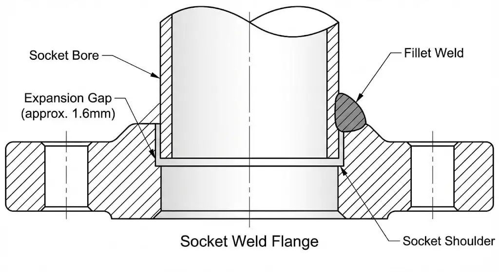 Socket weld flange detail showing pipe insertion depth, socket shoulder, and fillet weld profile