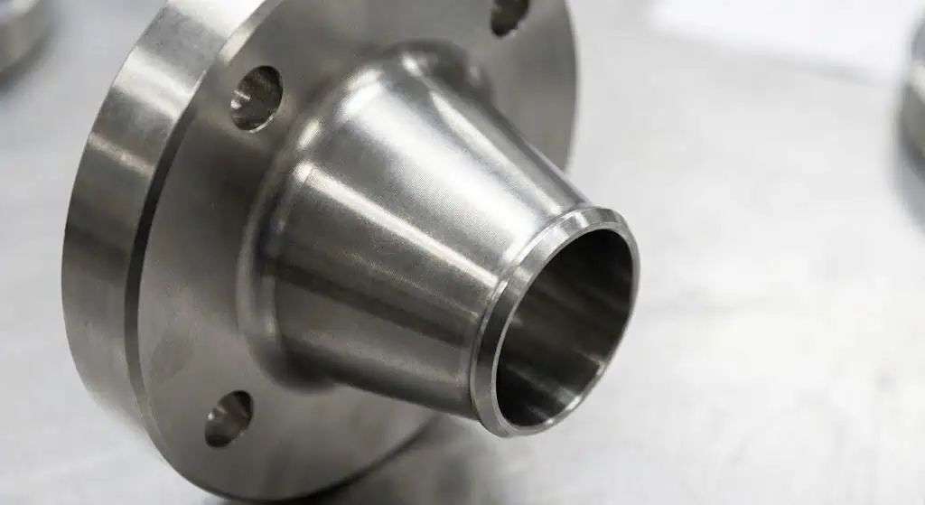 Detailed view of a stainless steel weld neck flange, highlighting the tapered hub design used for high-pressure reinforcement and smooth flow.