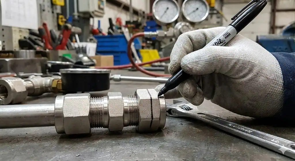 Diagrama de instalação de 1-1/4 de volta mostrando a rotação da marca de testemunha das 6 horas para as 9 horas.