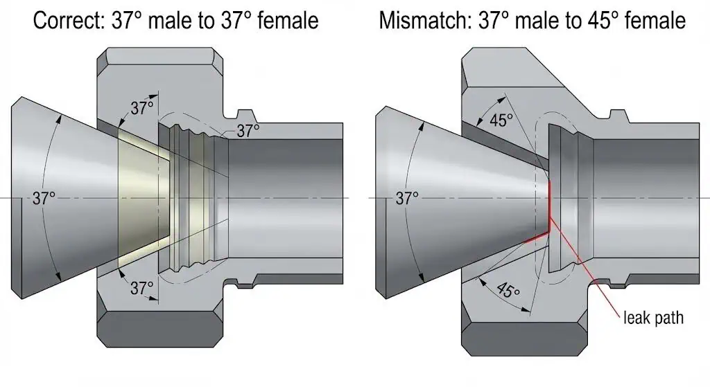 La vía de fuga: desajuste de ángulo JIC 37° frente a SAE 45° Diagrama que muestra la trayectoria de fuga creada al acoplar un macho JIC de 37 grados con una hembra SAE de 45 grados