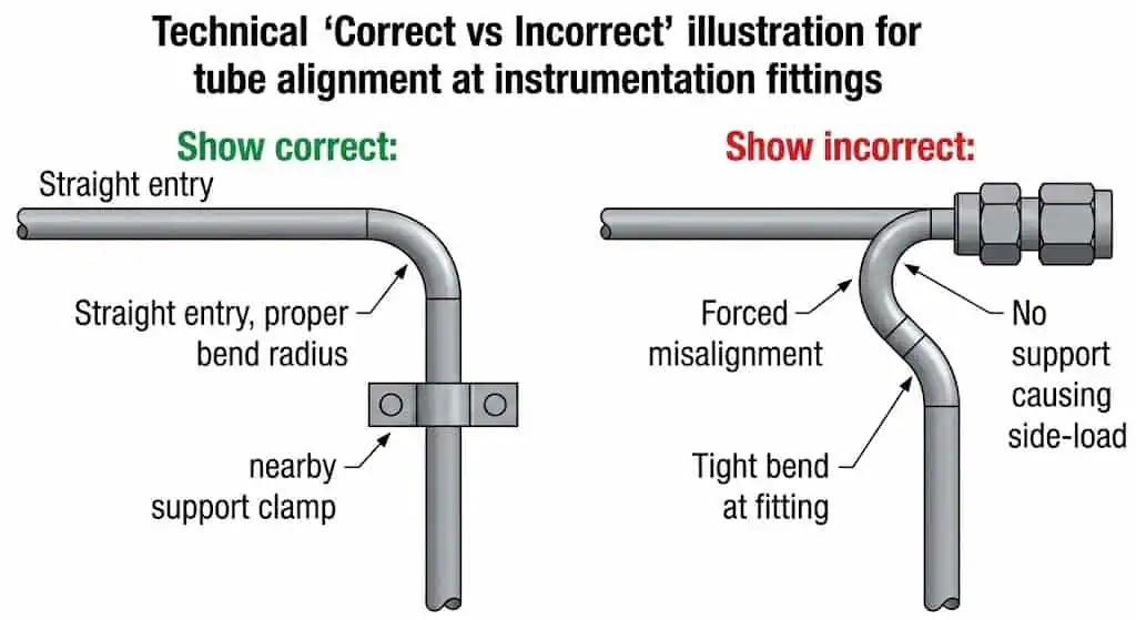 Evite la Carga Lateral: Alinee antes de Apretar Ilustración de la alineación correcta del tubo frente a la tensión por carga lateral que provoca fugas