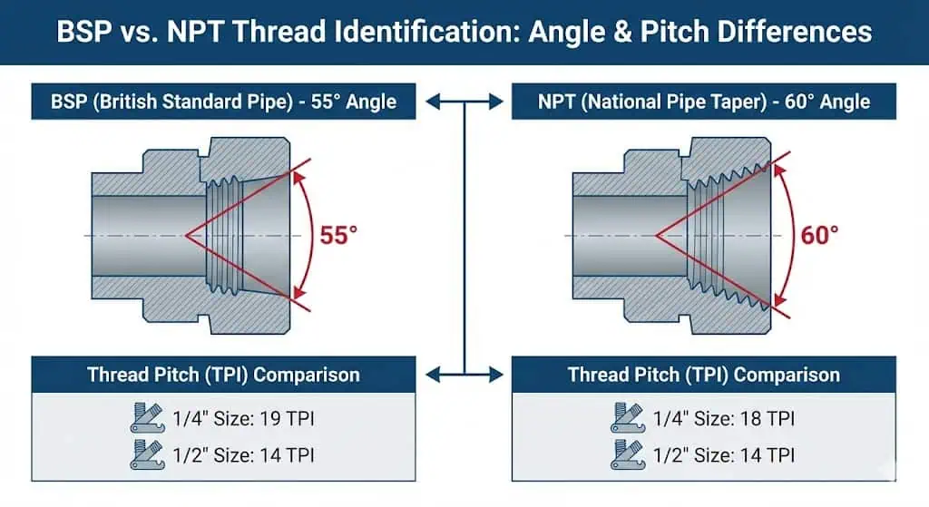 Tabla comparativa de ángulo de rosca de 55 grados BSP vs 60 grados NPT y paso para accesorios de acero inoxidable