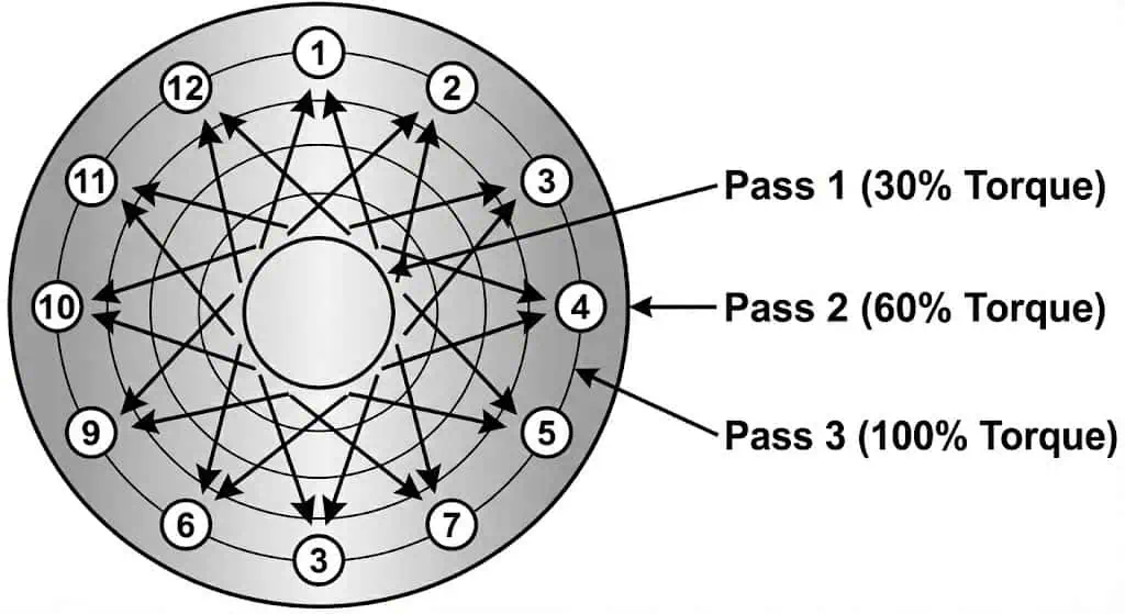 Flange bolt tightening sequence cross pattern with staged torque passes