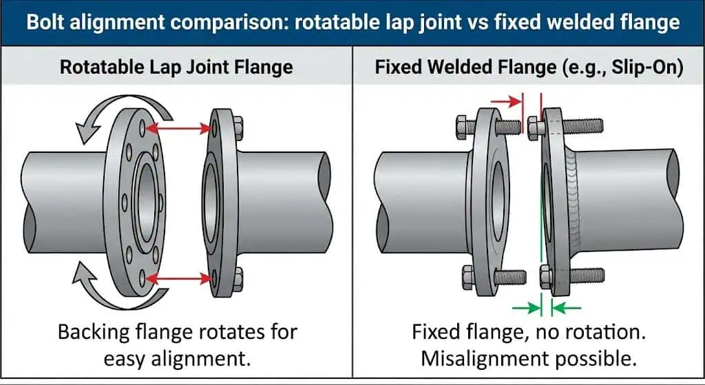 Comparison diagram showing lap joint backing flange rotation for bolt-hole alignment versus fixed slip-on flange after welding