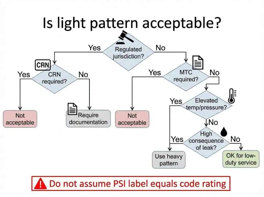 Inspeção de conformidade mostrando conexões padrão Leve rejeitadas devido à falta de marcação