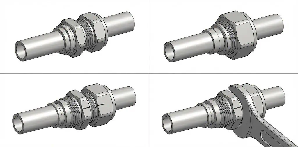 A Sequência de Instalação Instalação passo a passo de conexões de tubo: Insira o tubo, aperte com os dedos, marque a porca, aperte 1-1/4 de volta.