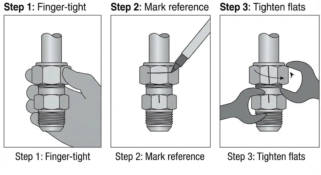 El método F.F.F.T. (vueltas planas desde apriete manual) Diagrama instructivo: Cómo marcar la tuerca y el cuerpo para el método de 'vueltas desde apriete manual' (FFFT)