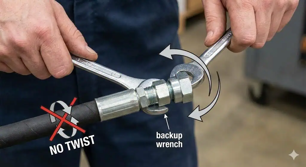 استخدم مفتاح احتياطي لمنع الالتواء أثناء تجميع وصلات الهيدروليك