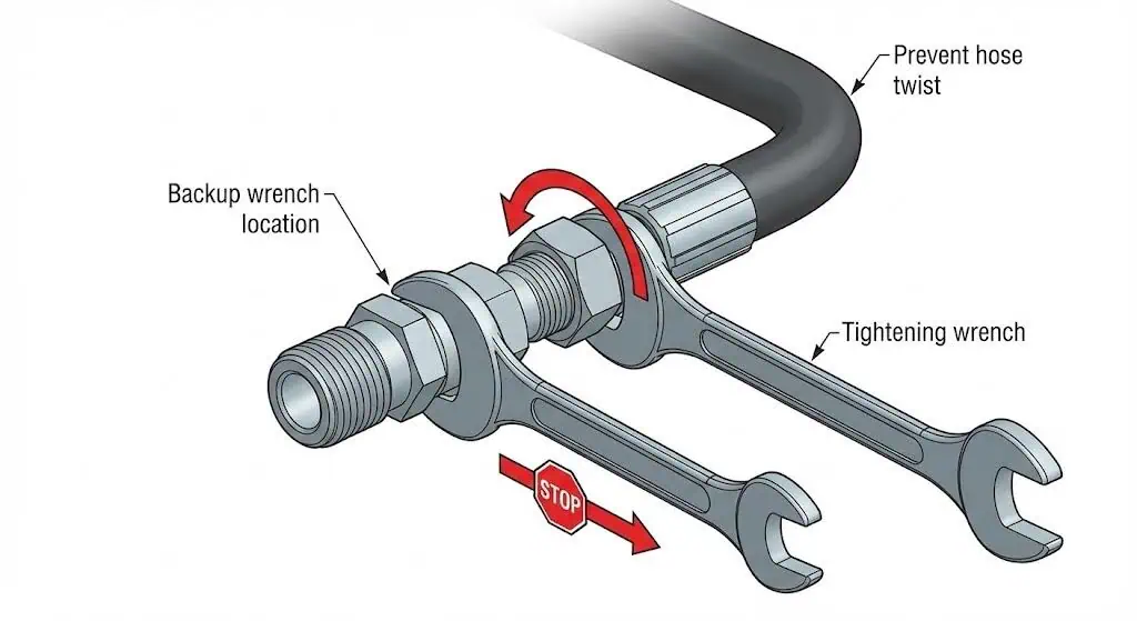 Utilice una llave de respaldo para evitar torsión y daños en el asiento durante el montaje de racores hidráulicos