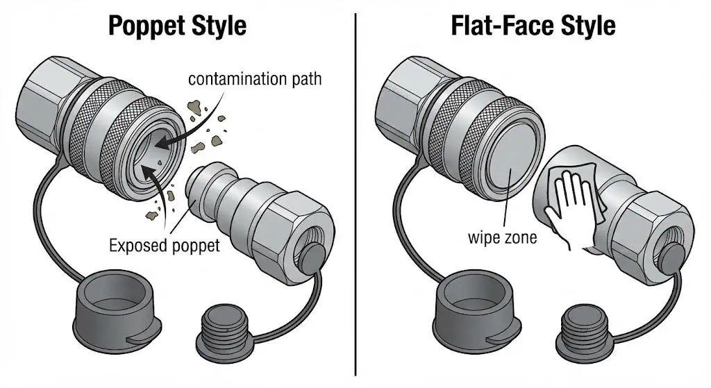 وصلات هيدروليكية وجه مسطح مقابل وصلات صمامات: تصميم الوجه والتحكم في التلوث