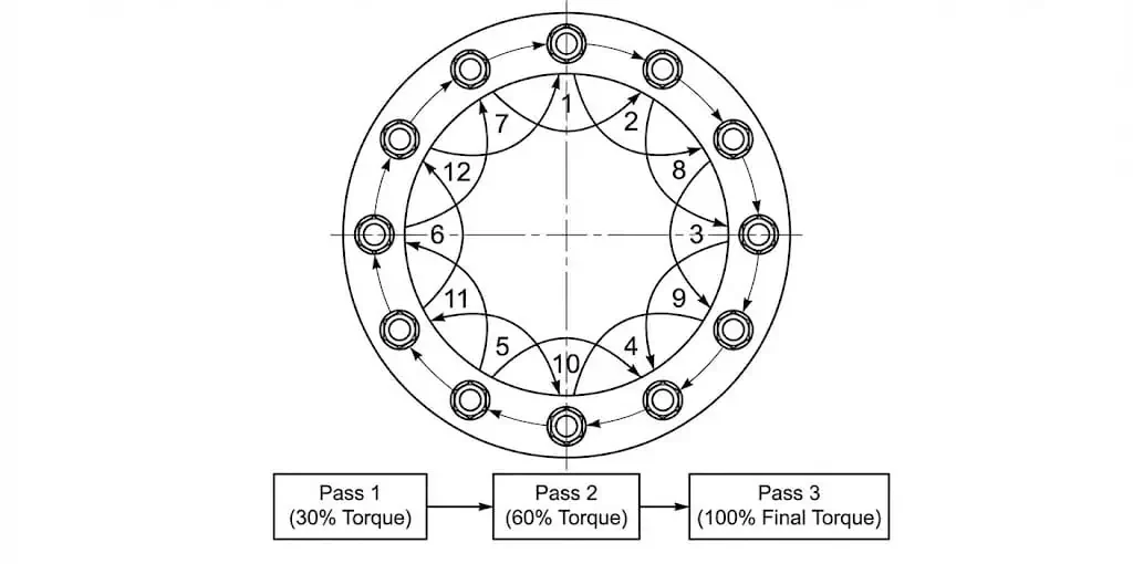 Cross pattern bolt tightening sequence for flanged joints