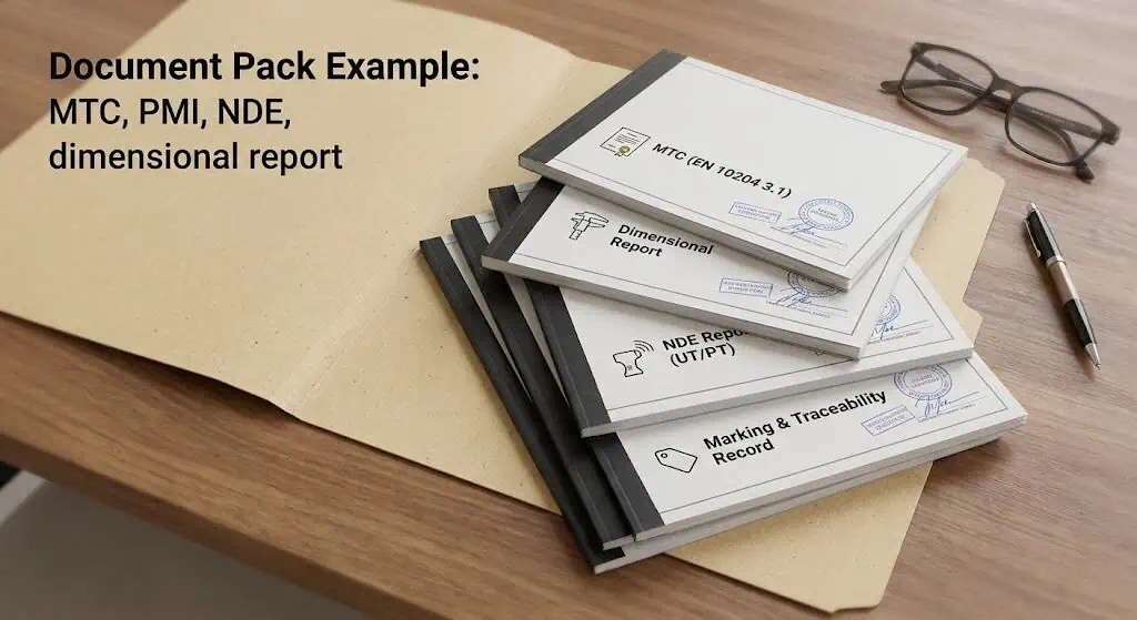 Example documentation pack for socket weld flange orders including MTC and inspection reports