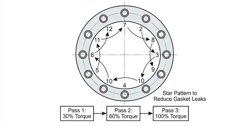 flange bolt tightening sequence star pattern to reduce gasket leaks