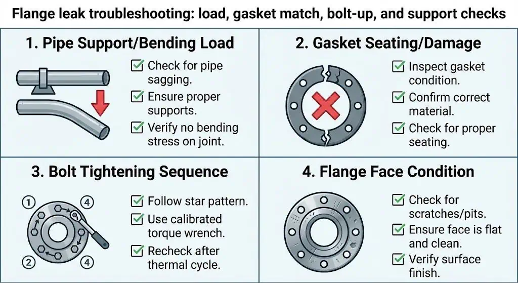 Troubleshooting flowchart for flange leaks showing checks for pipe support/bending, gasket seating, bolt tightening sequence, and face condition