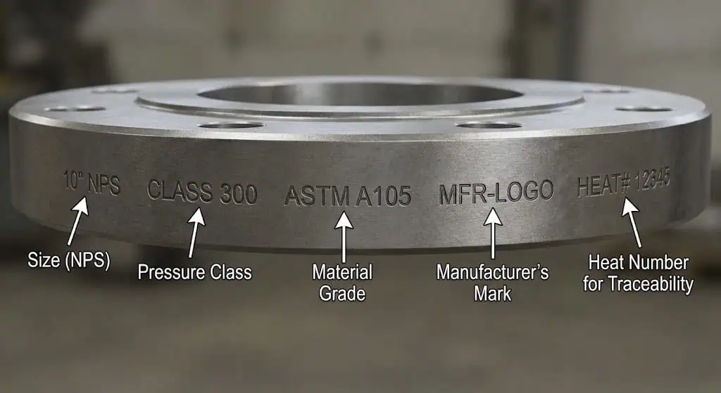 Пример маркировки фланца с указанием размера NPS, класса давления, марки материала и номера плавки для прослеживаемости