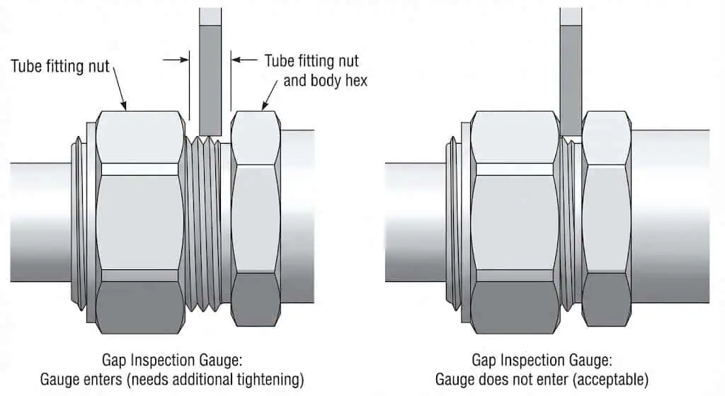 Proceso de verificación con calibre de holgura Uso de un calibre de inspección de holgura para verificar el apriete del racor de tubo