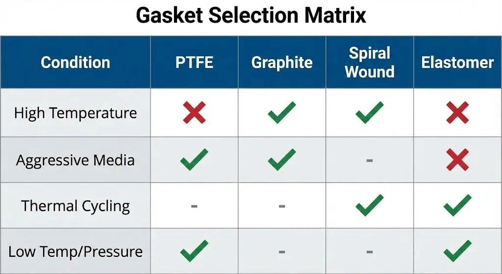 Heat exchanger gasket selection by temperature, media, and thermal cycling