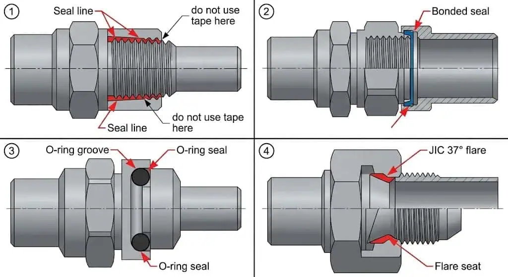 Estilos de sellado de racores hidráulicos: sellado de rosca NPT vs sellado de cara con junta tórica ORFS vs asiento cónico JIC