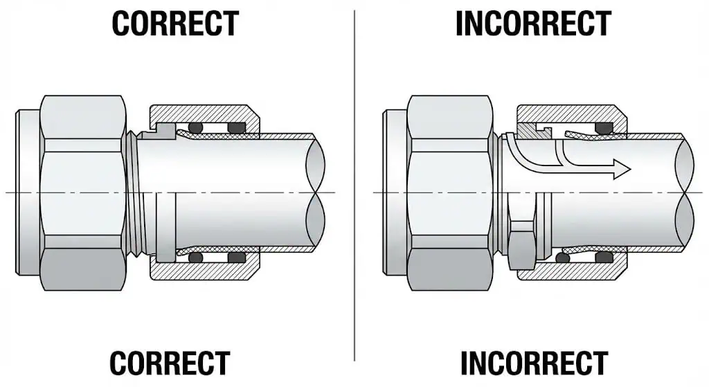 No mezcle componentes de racores de tubería: correcto vs incorrecto Riesgo de mezcla e intercambio para racores de tubo: comparación correcta vs incorrecta que muestra la posible vía de fuga