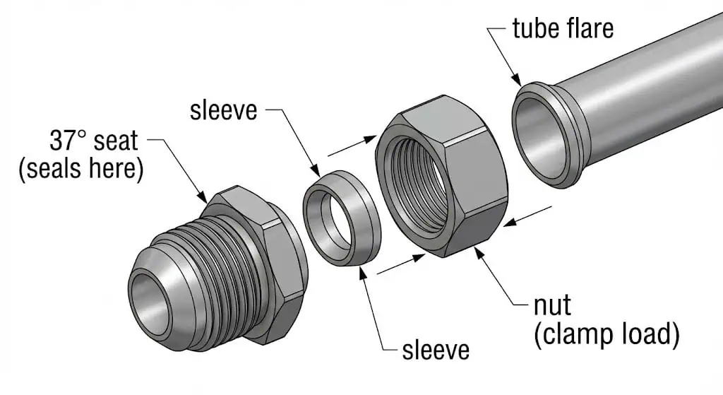 Anatomía de un racor JIC: interacción del cuerpo, el manguito y la tuerca Vista despiezada del conjunto de racor JIC: Cuerpo, manguito, tuerca y tubo con cono