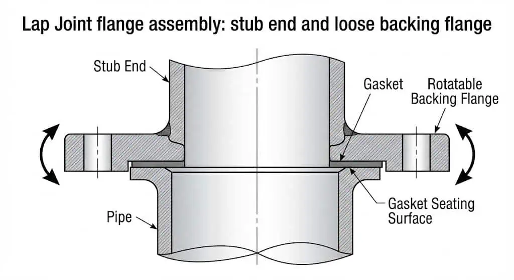 Lap joint flange assembly showing stub end and loose backing flange for rotatable alignment