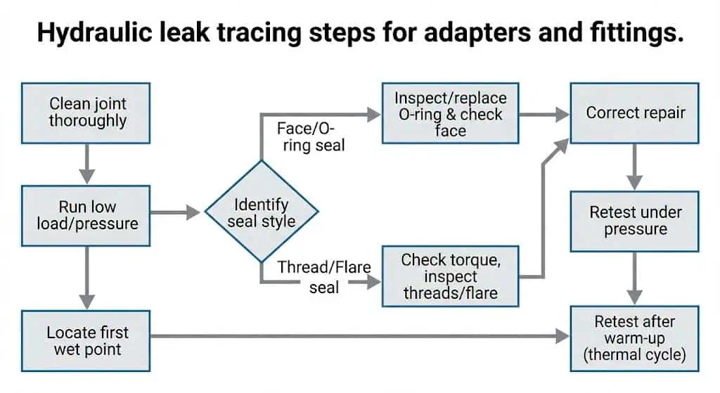 Pasos de localización de fugas hidráulicas para adaptadores y racores