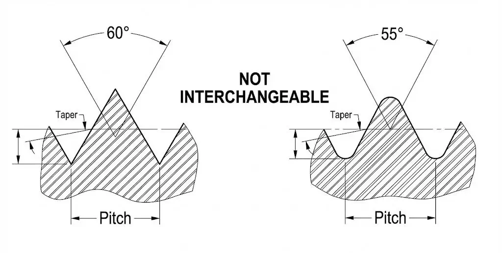 NPT vs BSPT tapered pipe thread profile comparison
