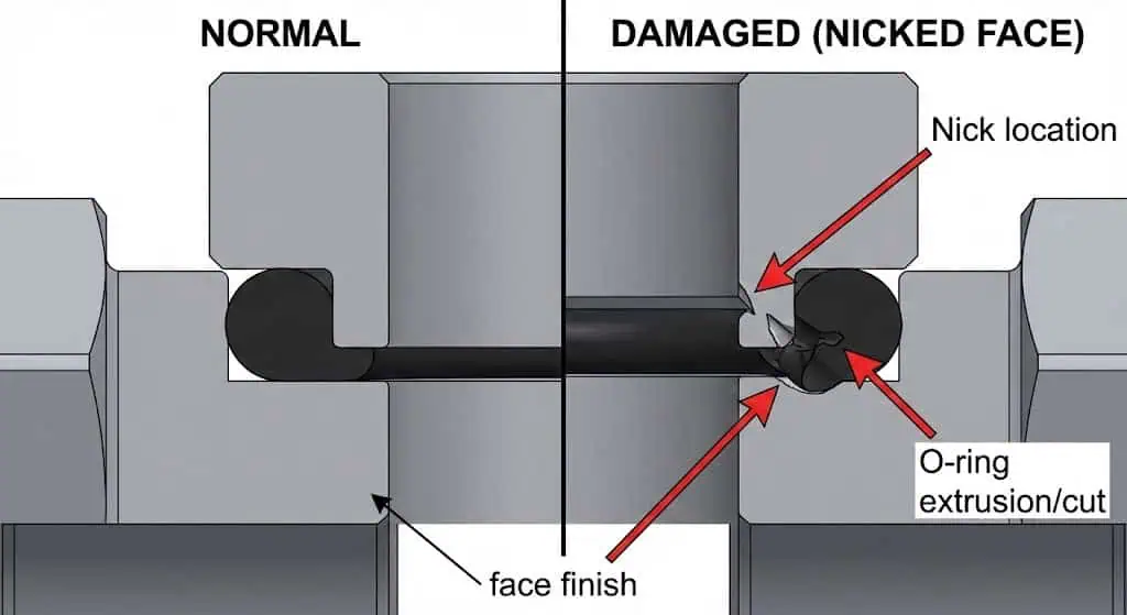 Close de face de vedação ORFS danificada causando vazamentos