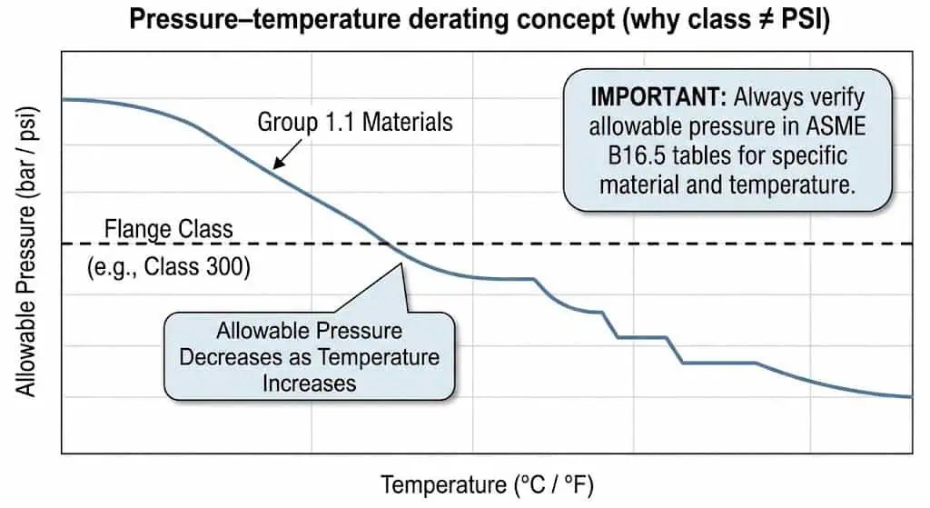 Пример снижения давления по температуре для выбора класса фланца ASME (иллюстративный)
