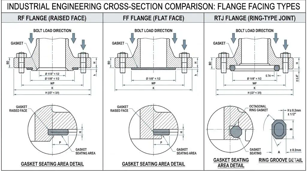 RF vs FF vs RTJ Face Cross Section RF FF and RTJ flange face cross section comparison for gasket seating and bolt load