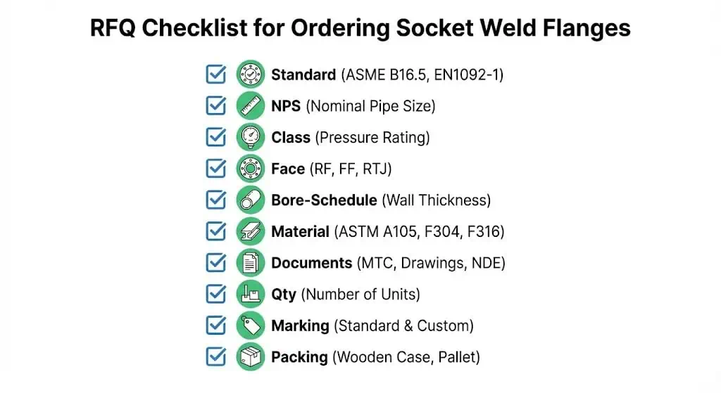 RFQ checklist for ordering socket weld flanges with size, class, material, and document requirements