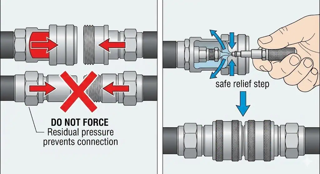 الوصلات الهيدروليكية لا تتصل: أسباب الضغط المتبقي وخطوات السلامة