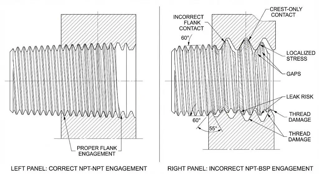 Несоответствие резьбы NPT и BSP (55° против 60°) Схематическая диаграмма несовпадения контакта между резьбами NPT и BSP (55° vs 60°), показывающая неправильное зацепление боковых поверхностей