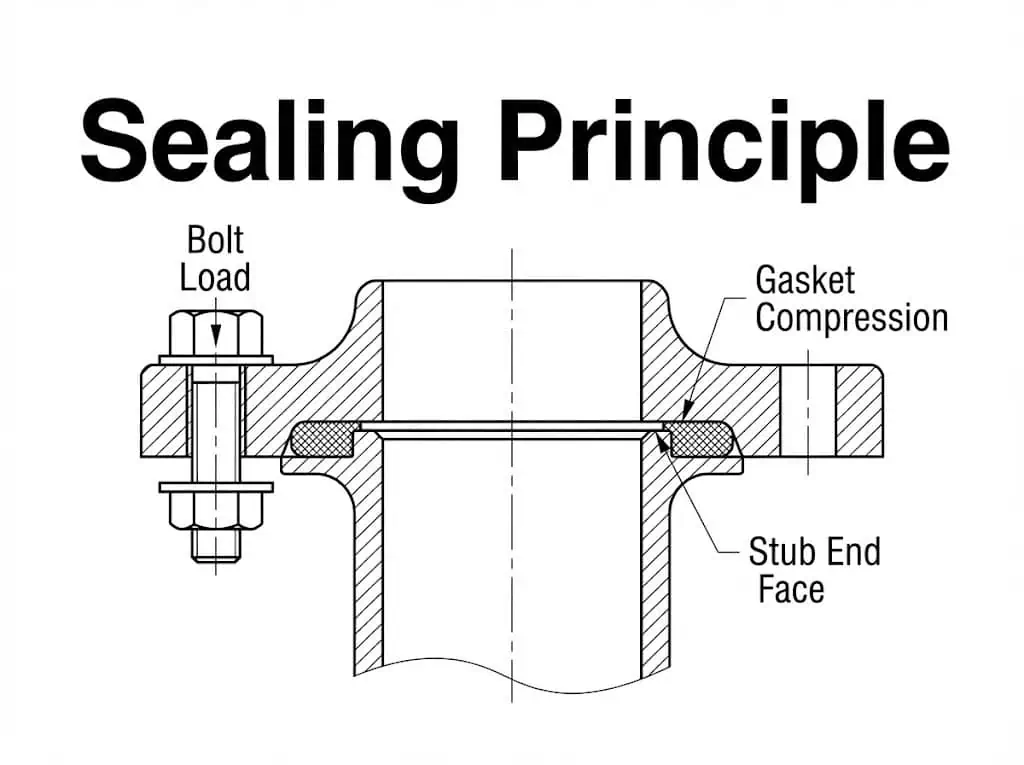 Sealing Principle (Gasket Compression on Stub End Lap) Sealing principle of lap joint flange and stub end showing gasket compression line and load path