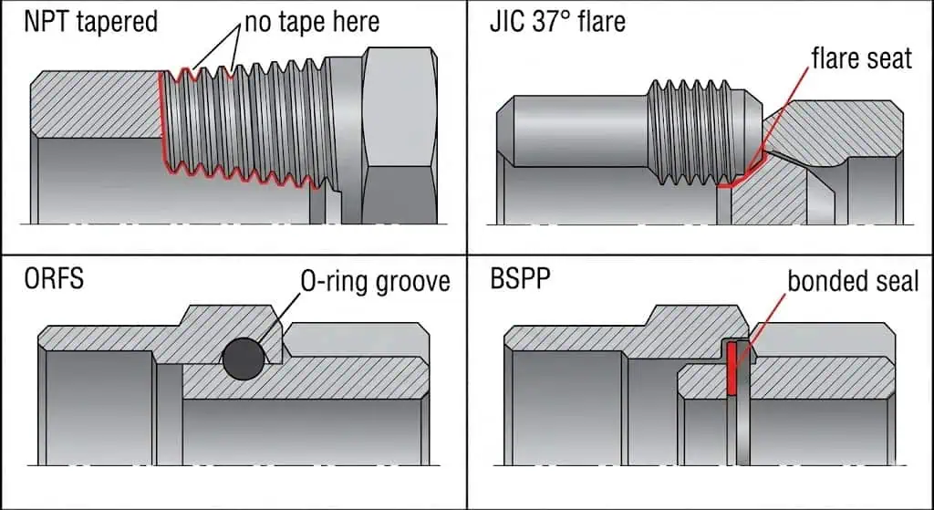 أنماط السد الهيدروليكي: سد قلاوظ NPT مقابل سد وجه O-ring ORFS مقابل مقعد فلير JIC