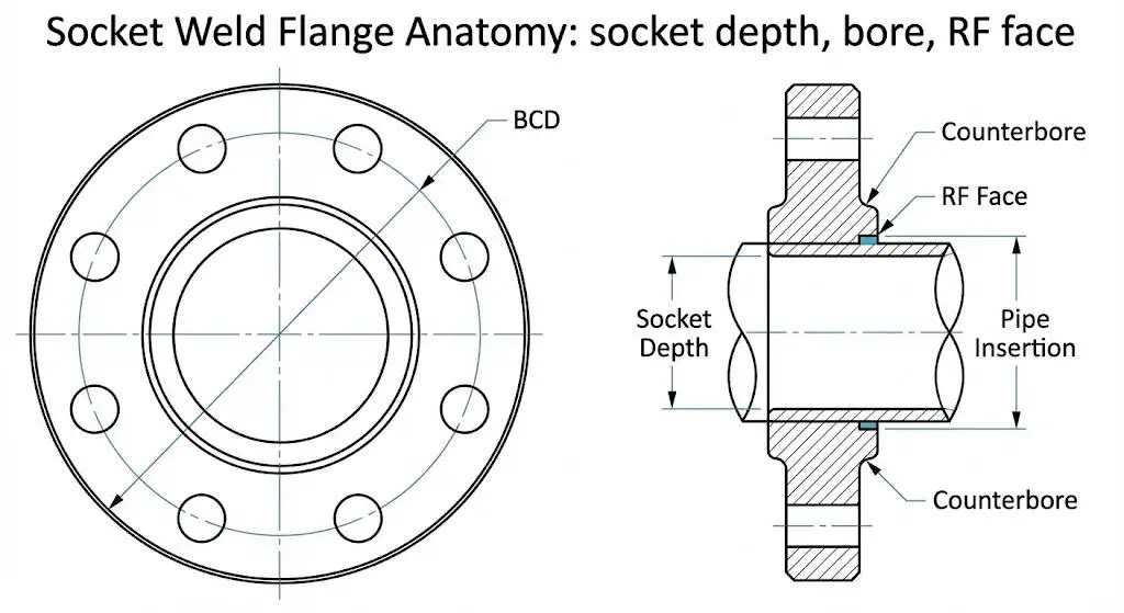 Socket weld flange anatomy showing socket depth, bore, raised face, and bolt circle